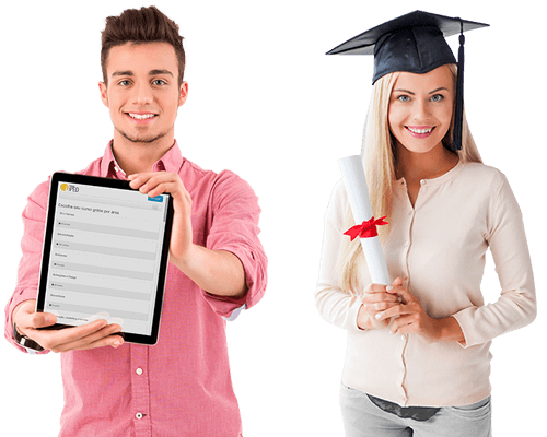 Moça com diploma e rapaz com tablet
